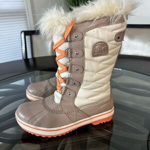 Sorel Kids Boots in Cream and Tan with Orange Accents